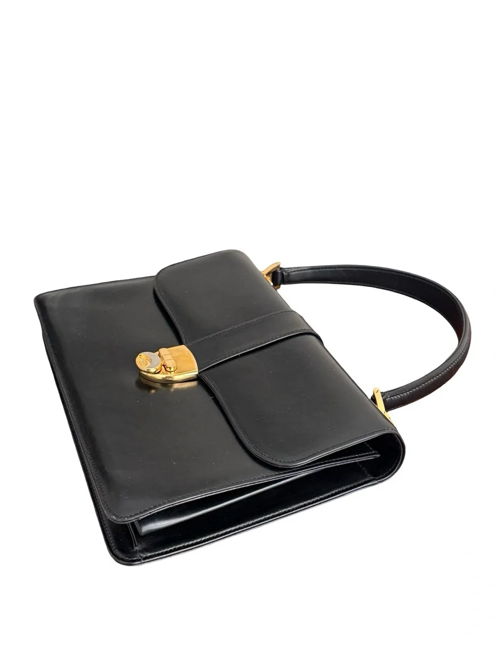 Vintage Gucci Black Leather Structured Top Handle Handbag GG Clasp